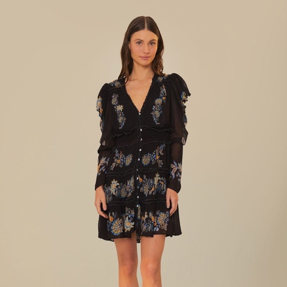 Black Floral V-Neck Long Sleeve Mini Dress